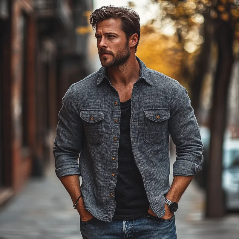 Men's Casual Textured Fabric Lapel Chest Pocket Long Sleeve Shirt 35273528M