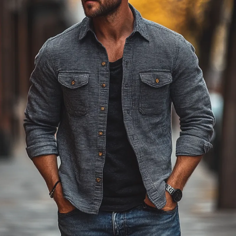 Men's Casual Textured Fabric Lapel Chest Pocket Long Sleeve Shirt 35273528M