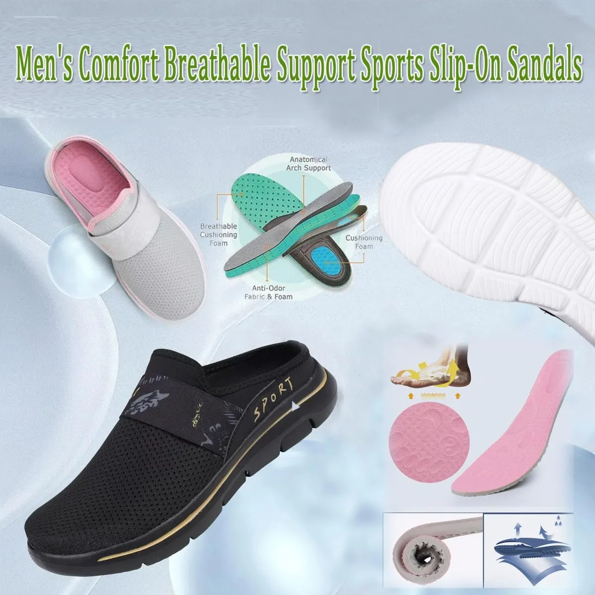 Men's Comfort Breathable Support Sports Slip-On Sandals, Arch Support Athletic Sandals for Men Walking
