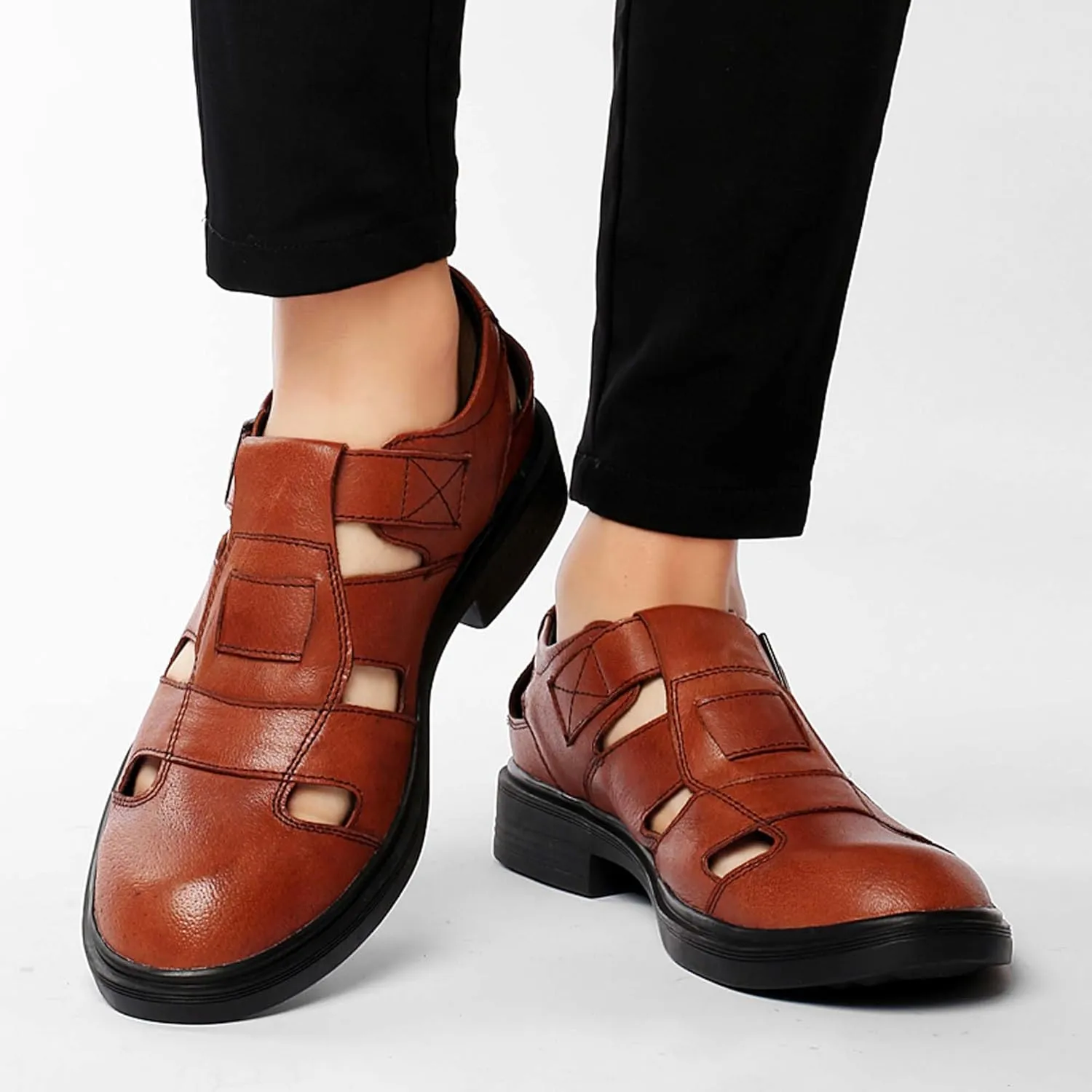 Mens Genuine Leather Shoes, Hollow Out Breathable Barefoot Genuine Leather Sandals, Business Casual Sandals, Hollow Out Breathable Sandals, Soft Anti-slip Wear-resistant, Durable