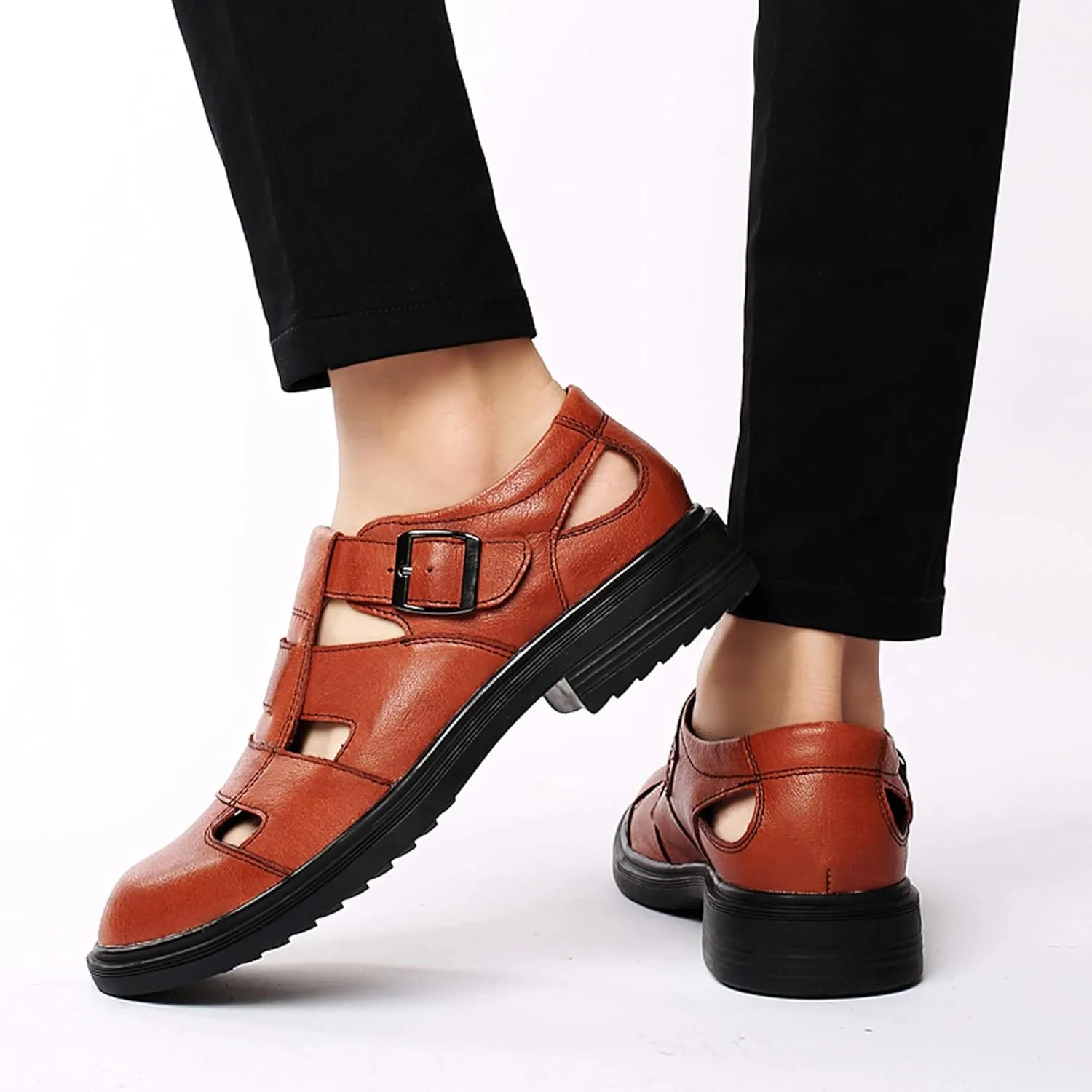 Mens Genuine Leather Shoes, Hollow Out Breathable Barefoot Genuine Leather Sandals, Business Casual Sandals, Hollow Out Breathable Sandals, Soft Anti-slip Wear-resistant, Durable