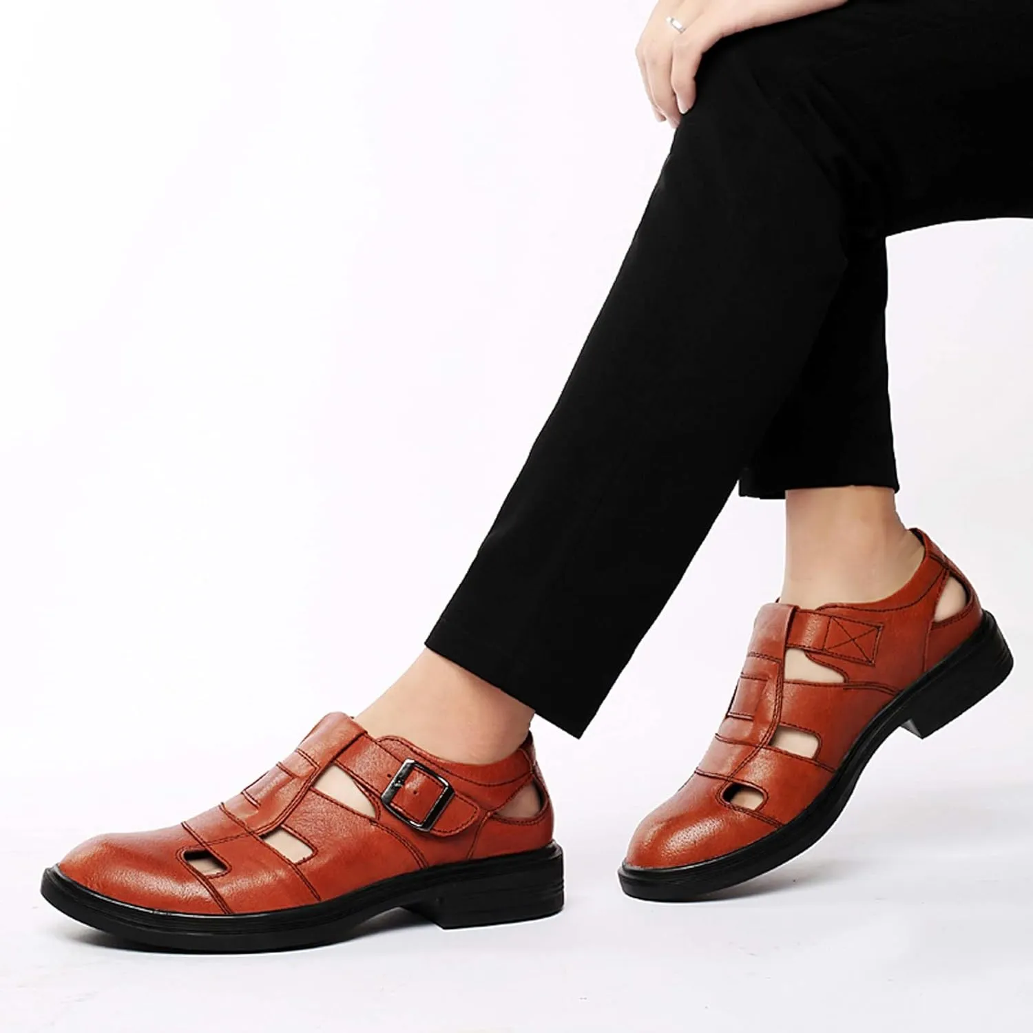 Mens Genuine Leather Shoes, Hollow Out Breathable Barefoot Genuine Leather Sandals, Business Casual Sandals, Hollow Out Breathable Sandals, Soft Anti-slip Wear-resistant, Durable