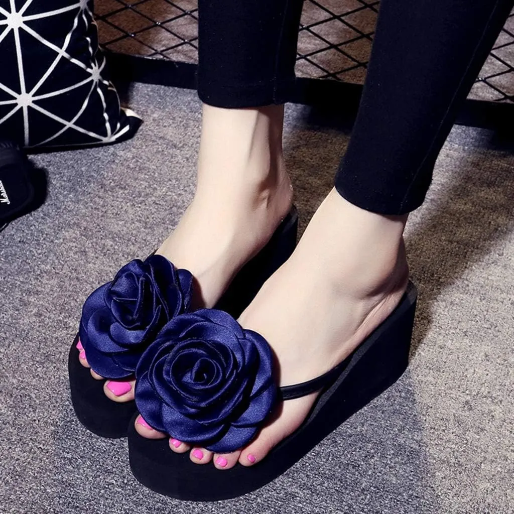 MIOKE Womens Flower Wedge High Heel Flipflops Summer Platform Comfort Anti-slip Beach Thong Sandals Black
