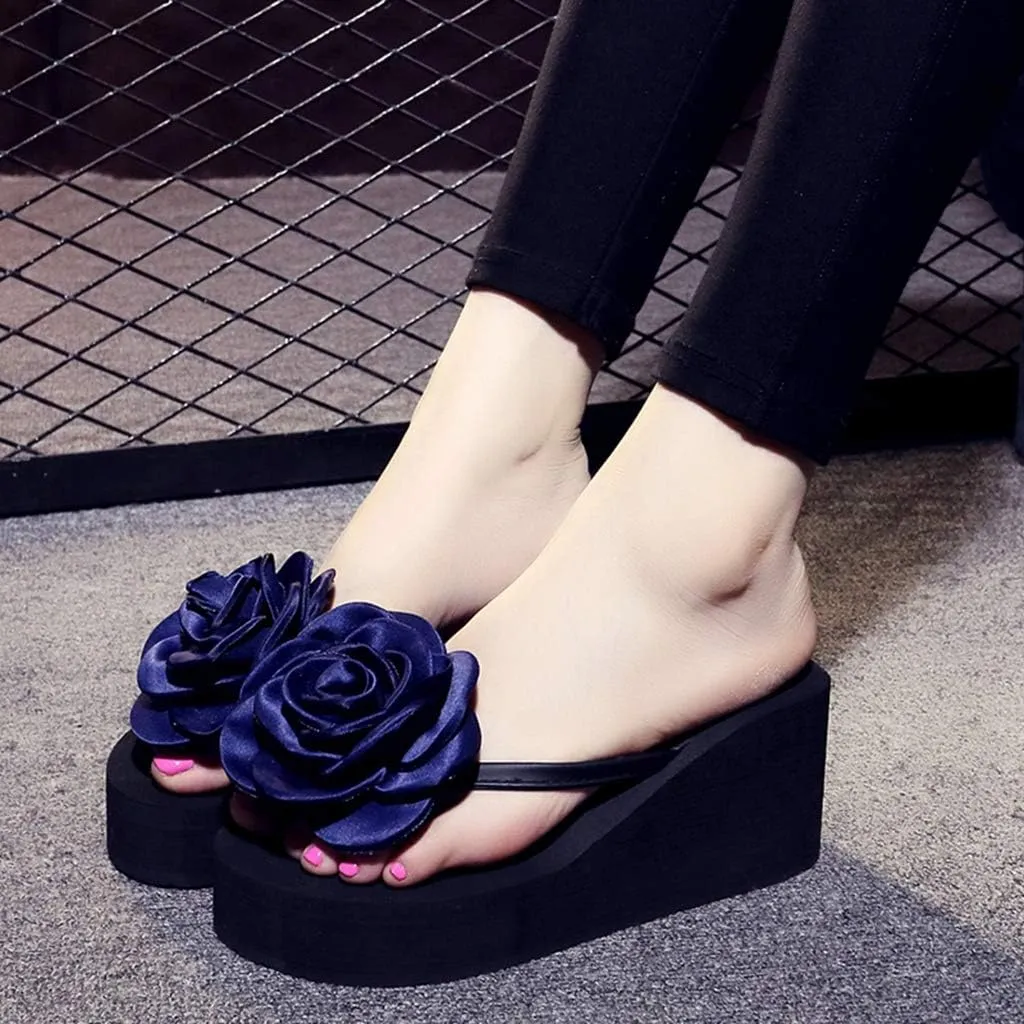 MIOKE Womens Flower Wedge High Heel Flipflops Summer Platform Comfort Anti-slip Beach Thong Sandals Black