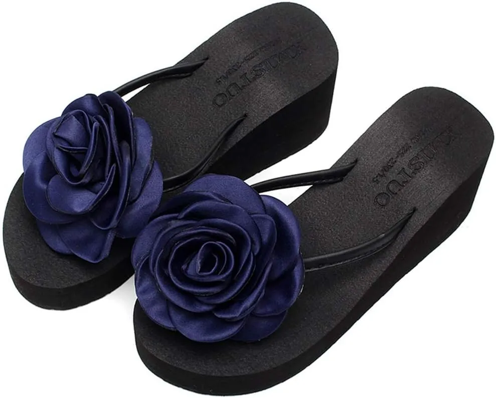 MIOKE Womens Flower Wedge High Heel Flipflops Summer Platform Comfort Anti-slip Beach Thong Sandals Black