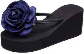 MIOKE Womens Flower Wedge High Heel Flipflops Summer Platform Comfort Anti-slip Beach Thong Sandals Black