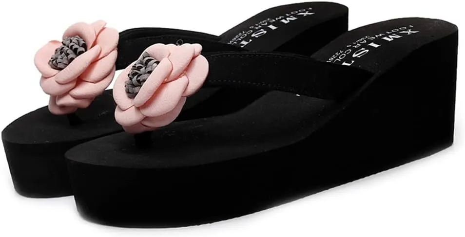 MIOKE Women's Wedge High Heel Flipflops Sandals Flower Platform Nonslip Comfort Summer Beach Thong Sandal