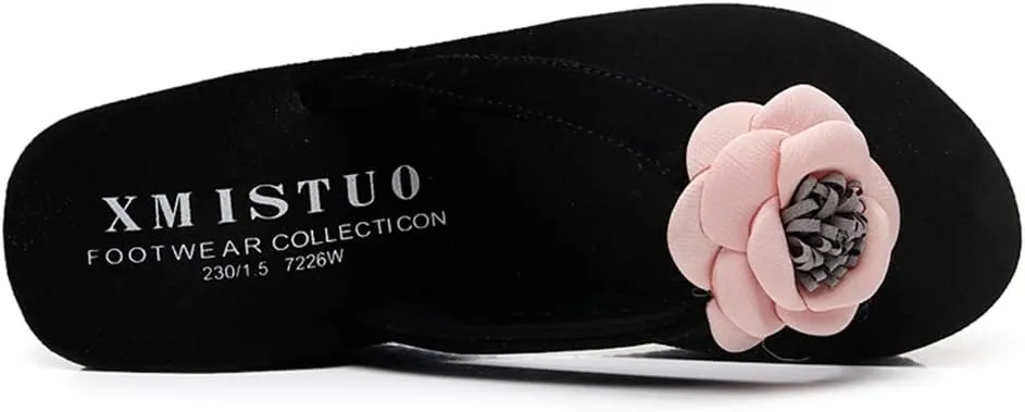 MIOKE Women's Wedge High Heel Flipflops Sandals Flower Platform Nonslip Comfort Summer Beach Thong Sandal