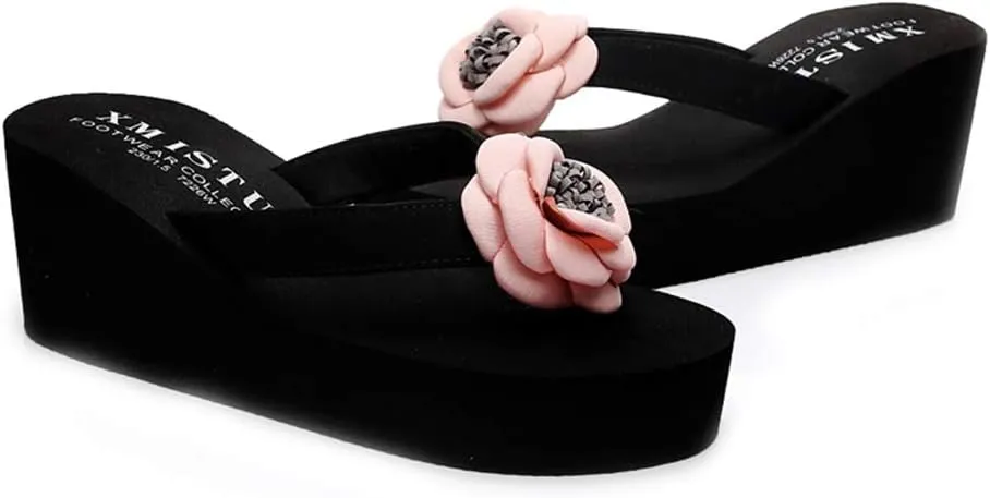 MIOKE Women's Wedge High Heel Flipflops Sandals Flower Platform Nonslip Comfort Summer Beach Thong Sandal
