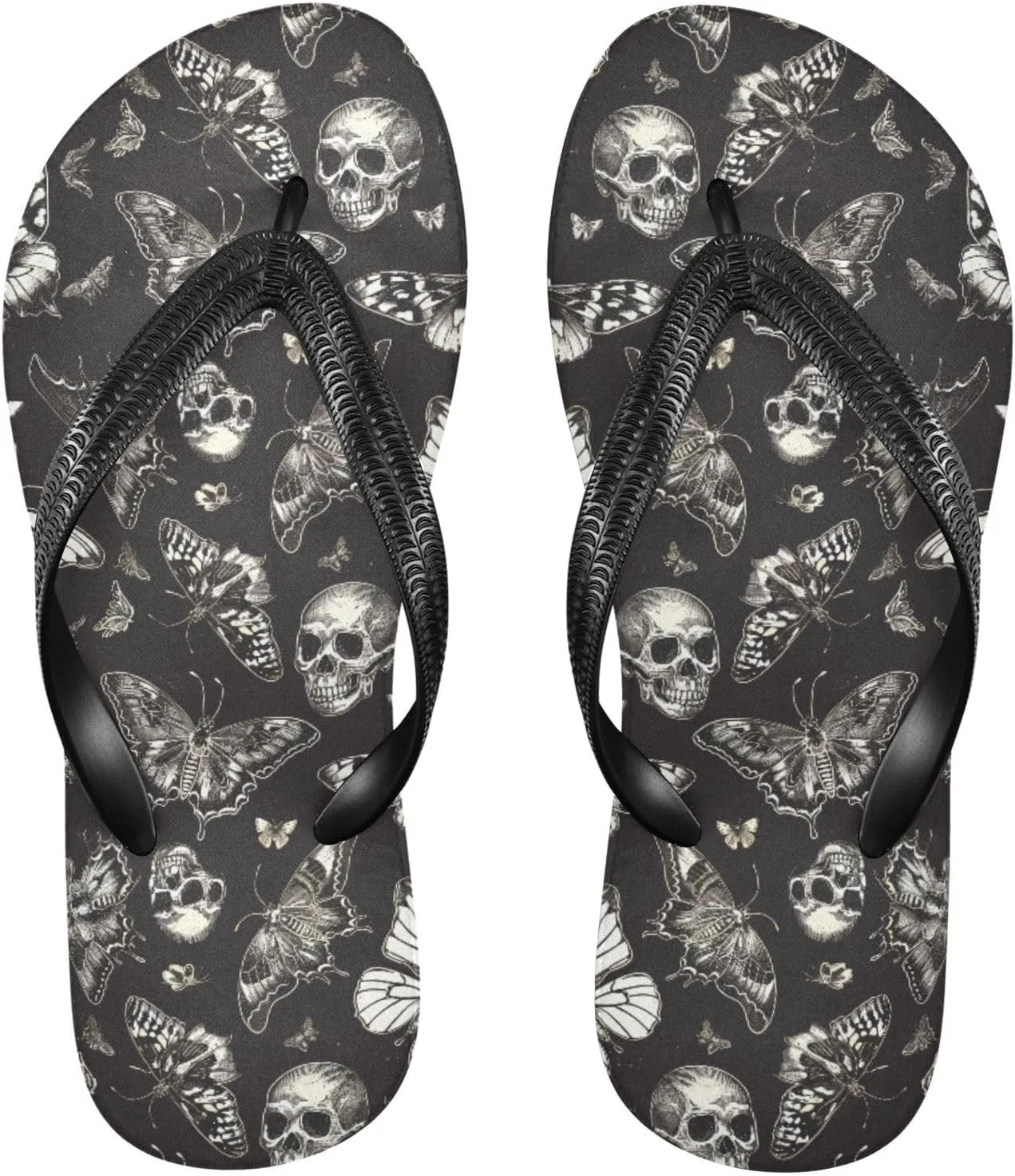 MNSRUU Flip Flops for Women Men Gothic Skull and Flower Flip Flops Womens Slides Men Sandals Shower Slippers Summer Non-Slip Flipflops for Swim Beach Bathroom, XS