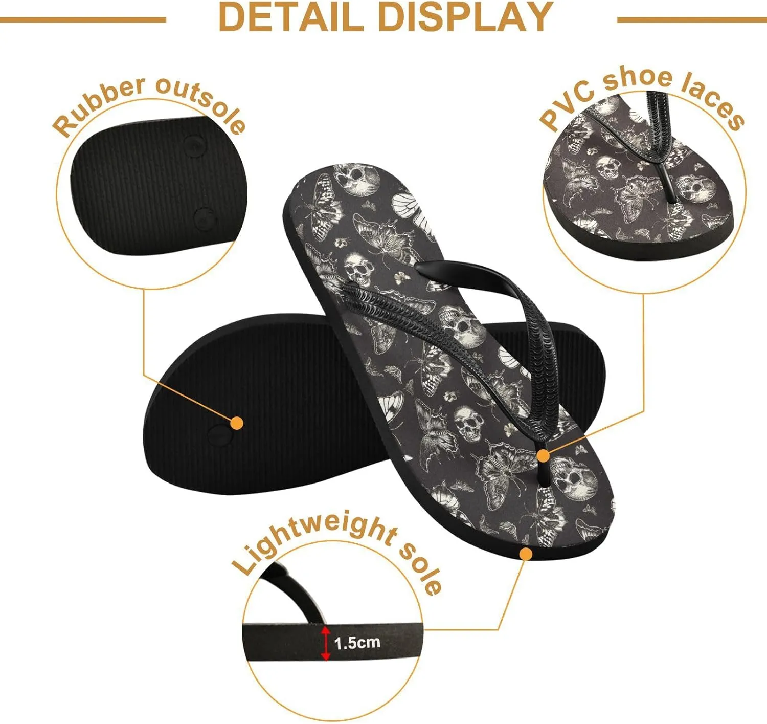 MNSRUU Flip Flops for Women Men Gothic Skull and Flower Flip Flops Womens Slides Men Sandals Shower Slippers Summer Non-Slip Flipflops for Swim Beach Bathroom, XS