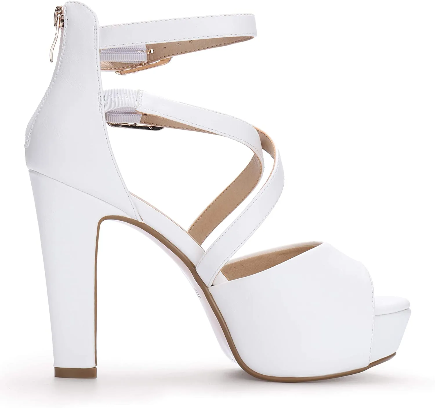 Nurtured White Pu Crisscross Strappy Chunky Heel Sandals