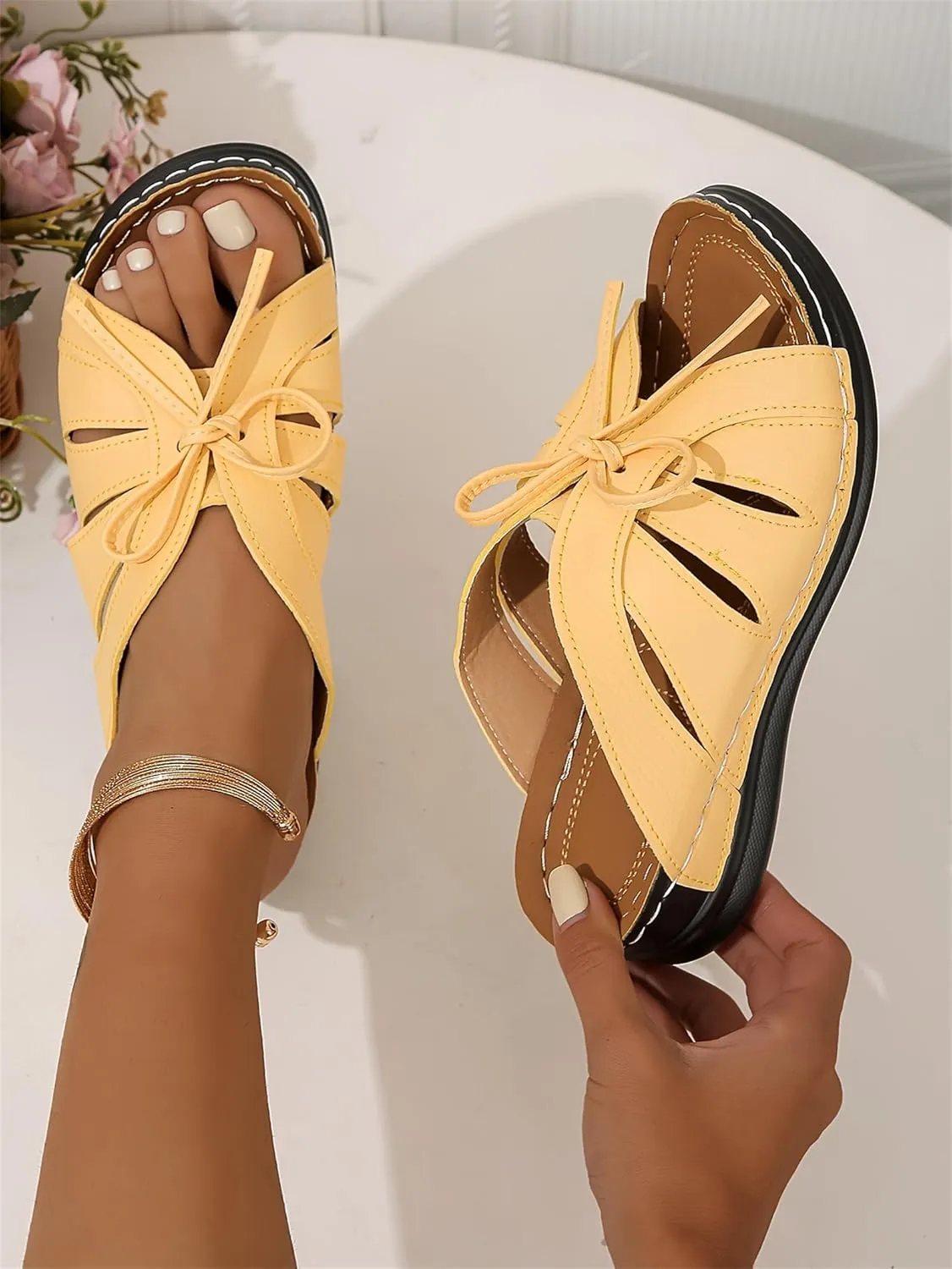 Orthopedic Sandals for Women Arch Support Sandals Women's Bow Open Toe Slip On Walking Sandal, Comfortable Orthopedic Slippers Beach Comfortable Platform Shoes