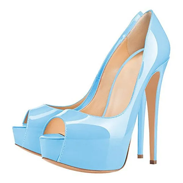 Patent Leather Peep Open Toe Pumps Platform High Heel Shoes