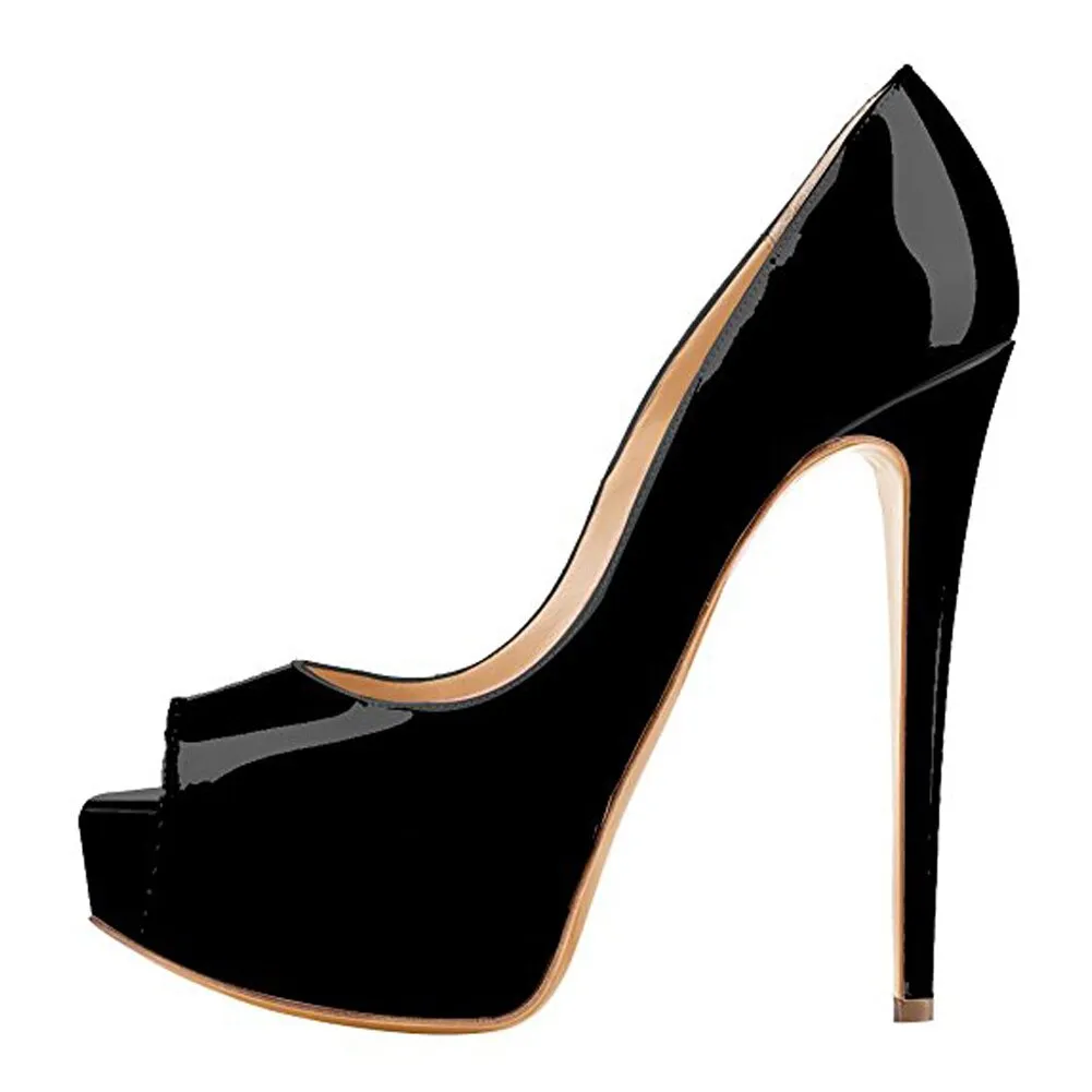Patent Leather Peep Open Toe Pumps Platform High Heel Shoes