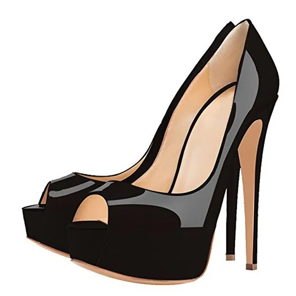 Patent Leather Peep Open Toe Pumps Platform High Heel Shoes