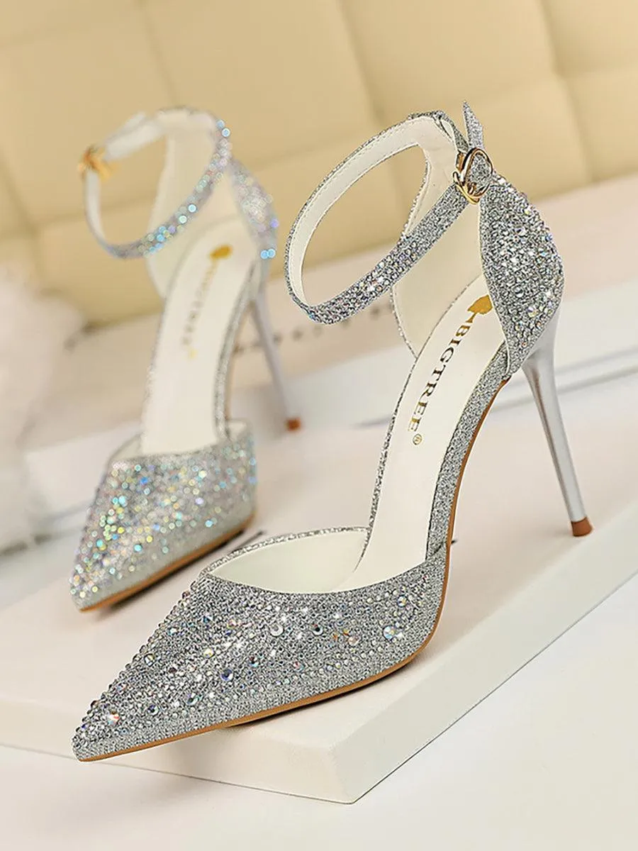 Pointed Toe Hollow Strap Shiny Rhinestone Heels MHE1108