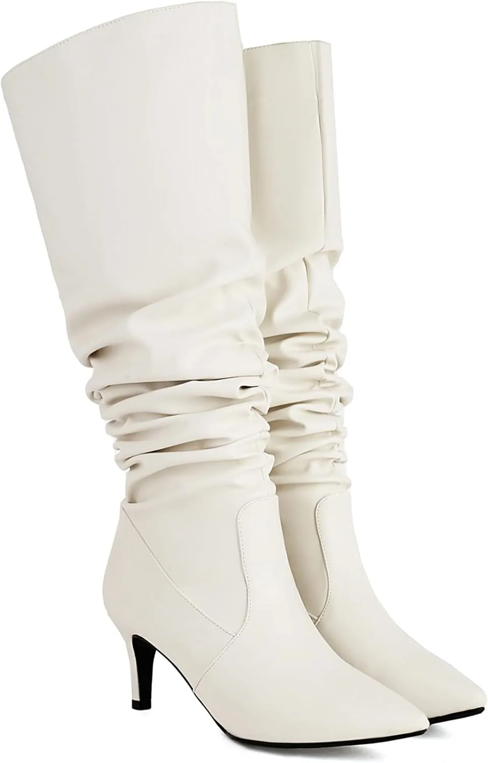 Roimaash Elegant Dressy Slouch Boots Kitten Heels Pull on Thigh High and Knee High Boots