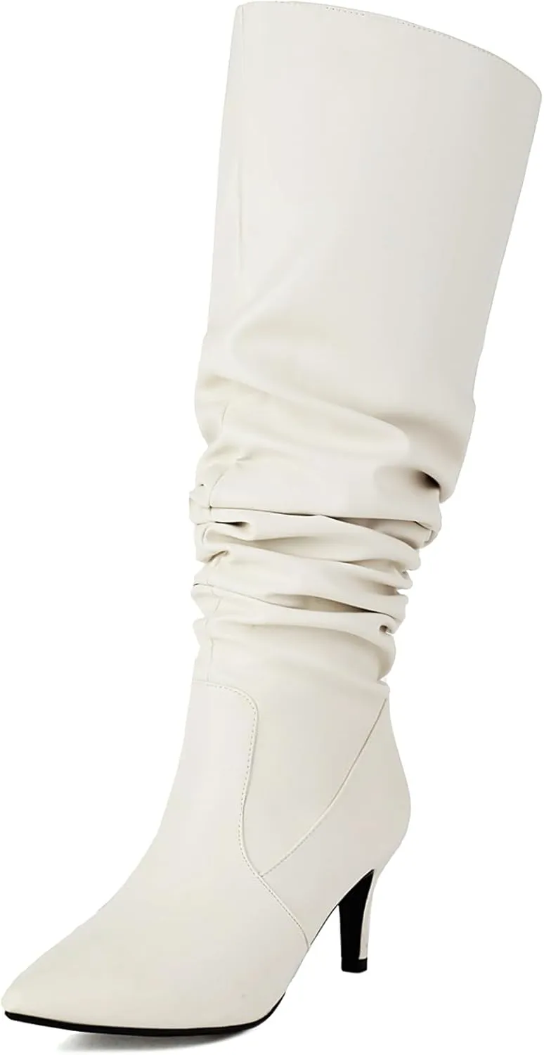 Roimaash Elegant Dressy Slouch Boots Kitten Heels Pull on Thigh High and Knee High Boots
