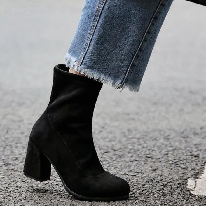 Solid color chunky heel short womens fashion boots