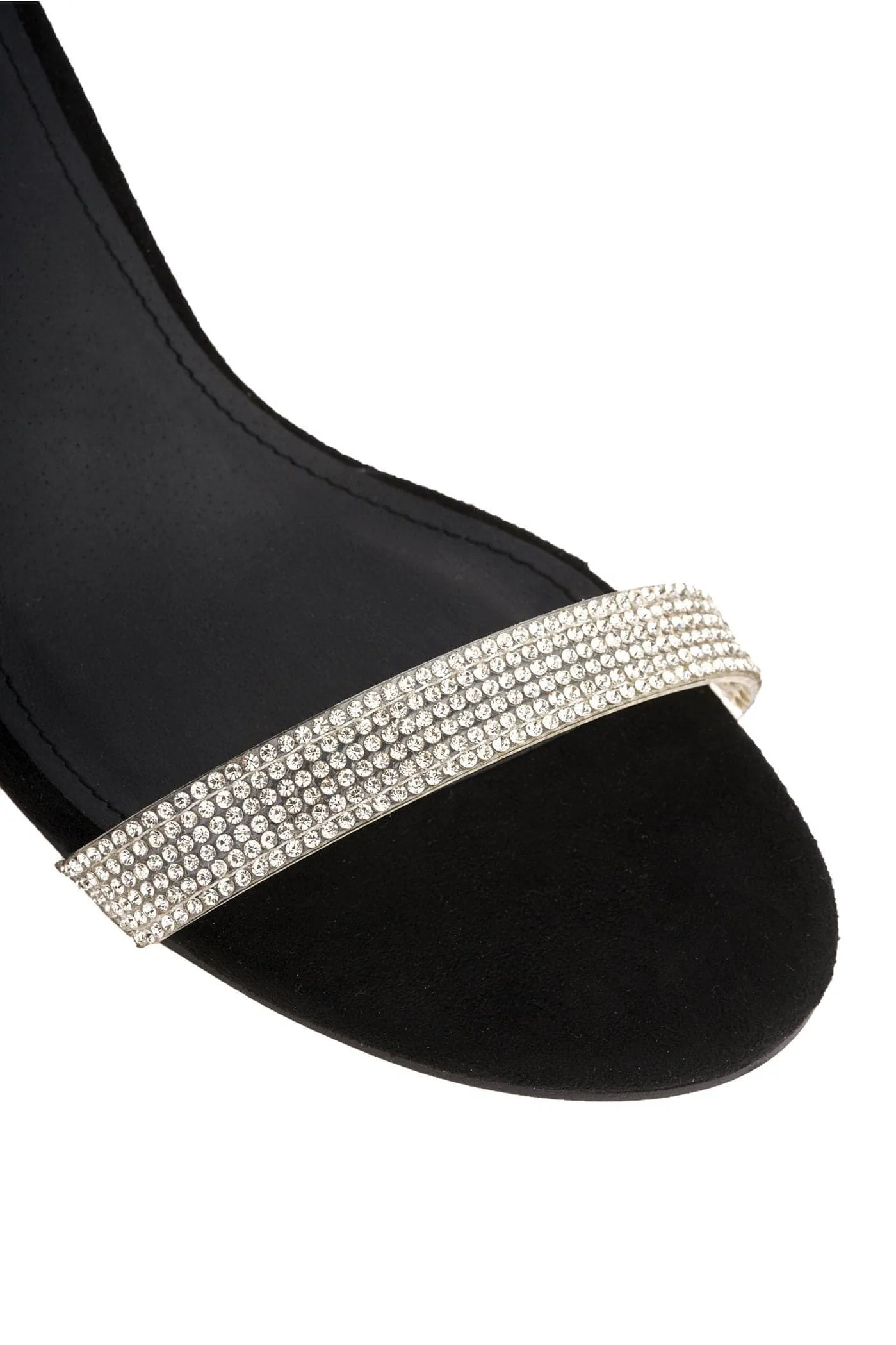 Stella Perspex Diamante Strap Block Heel Sandal in Black Suede