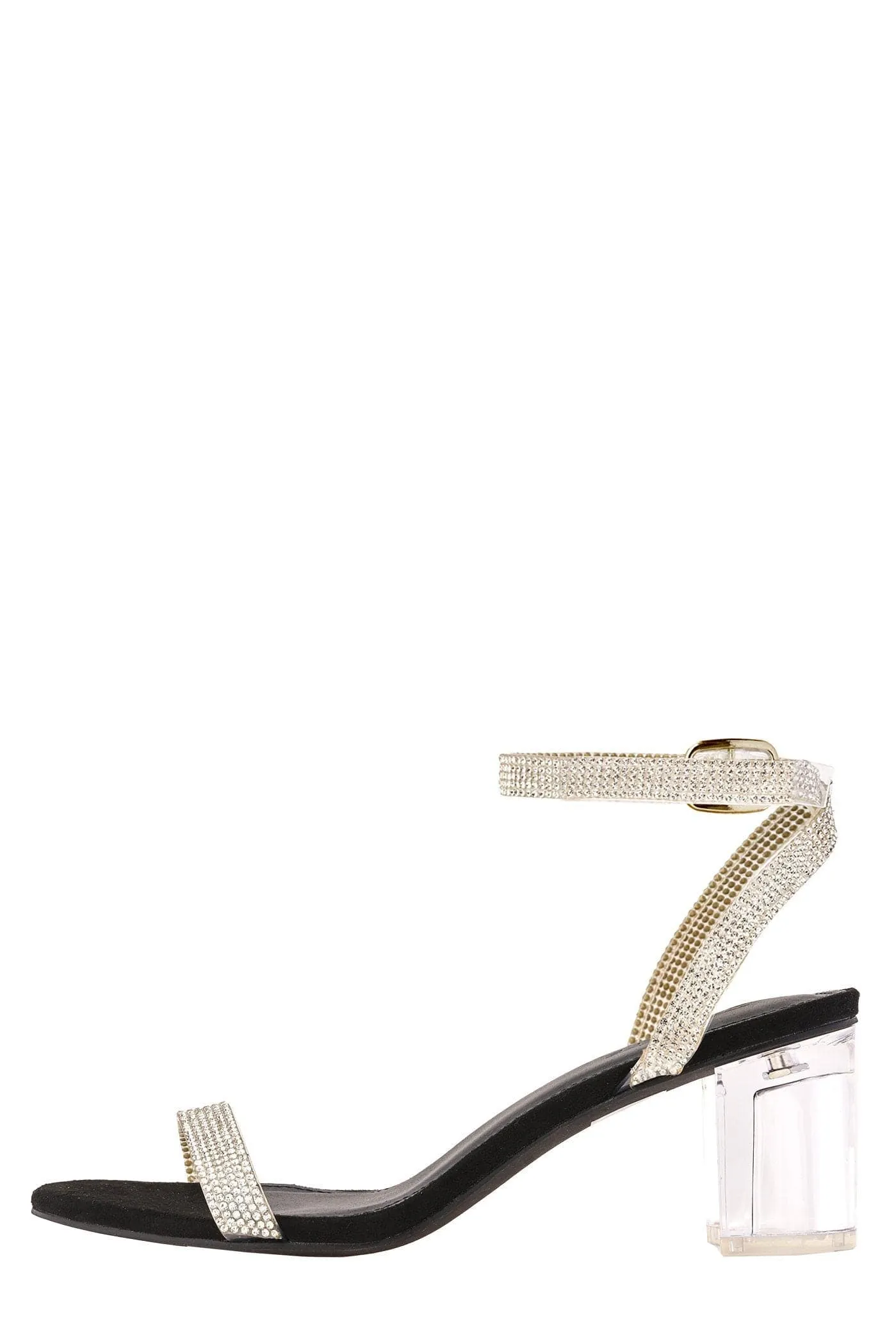 Stella Perspex Diamante Strap Block Heel Sandal in Black Suede