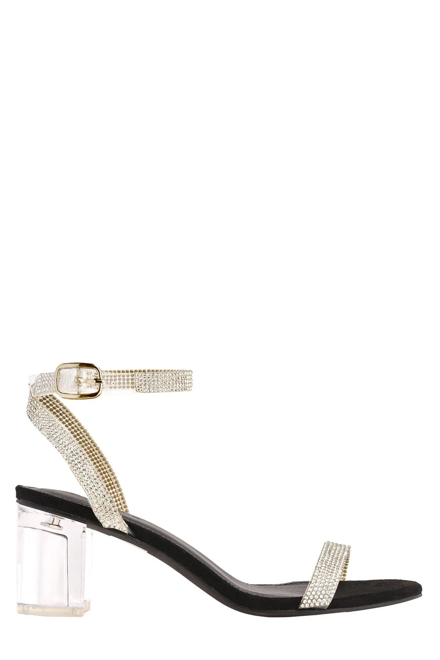 Stella Perspex Diamante Strap Block Heel Sandal in Black Suede
