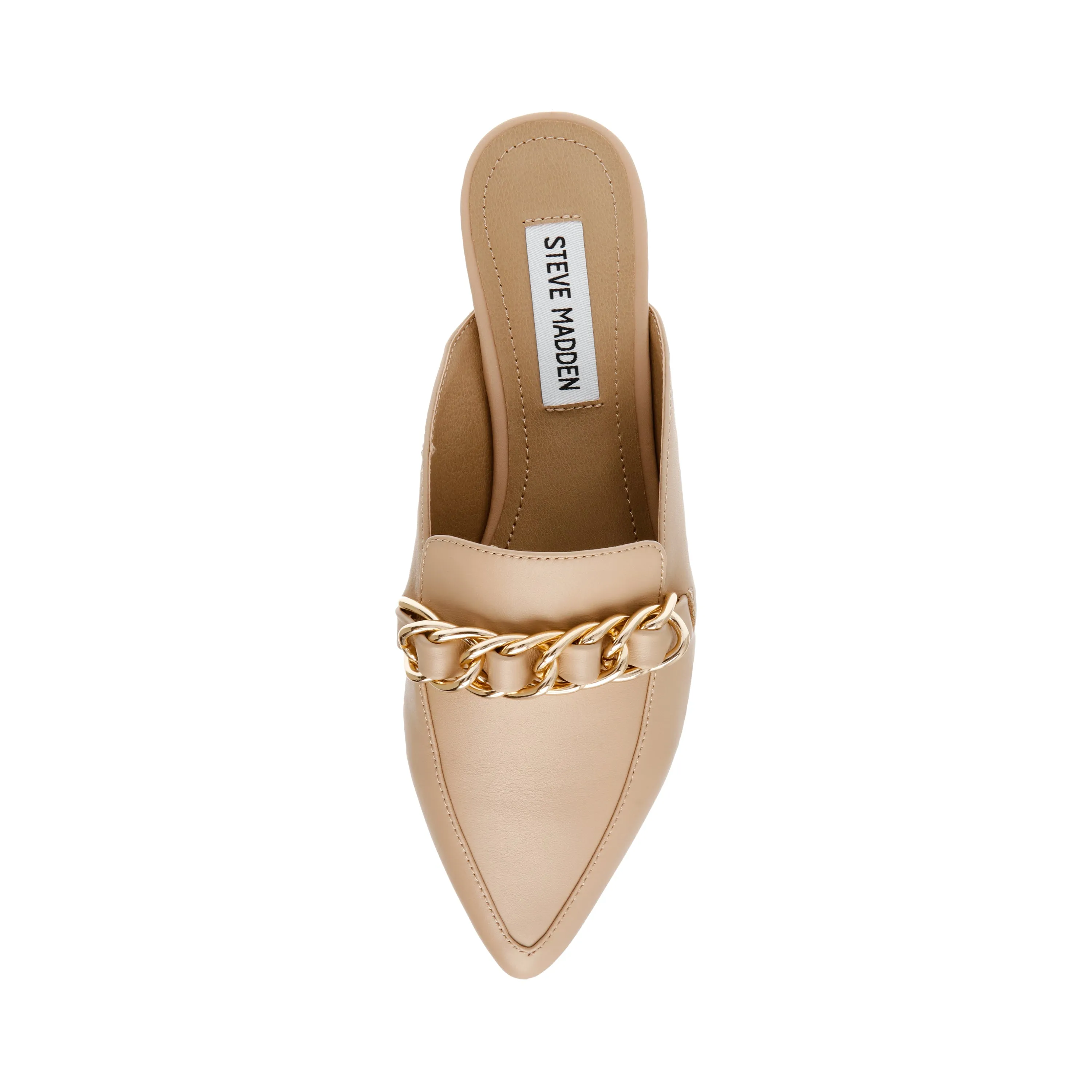 Steve Madden Faine Natural Leather Pointed Toe Slip On Chain Detail Flats Mules