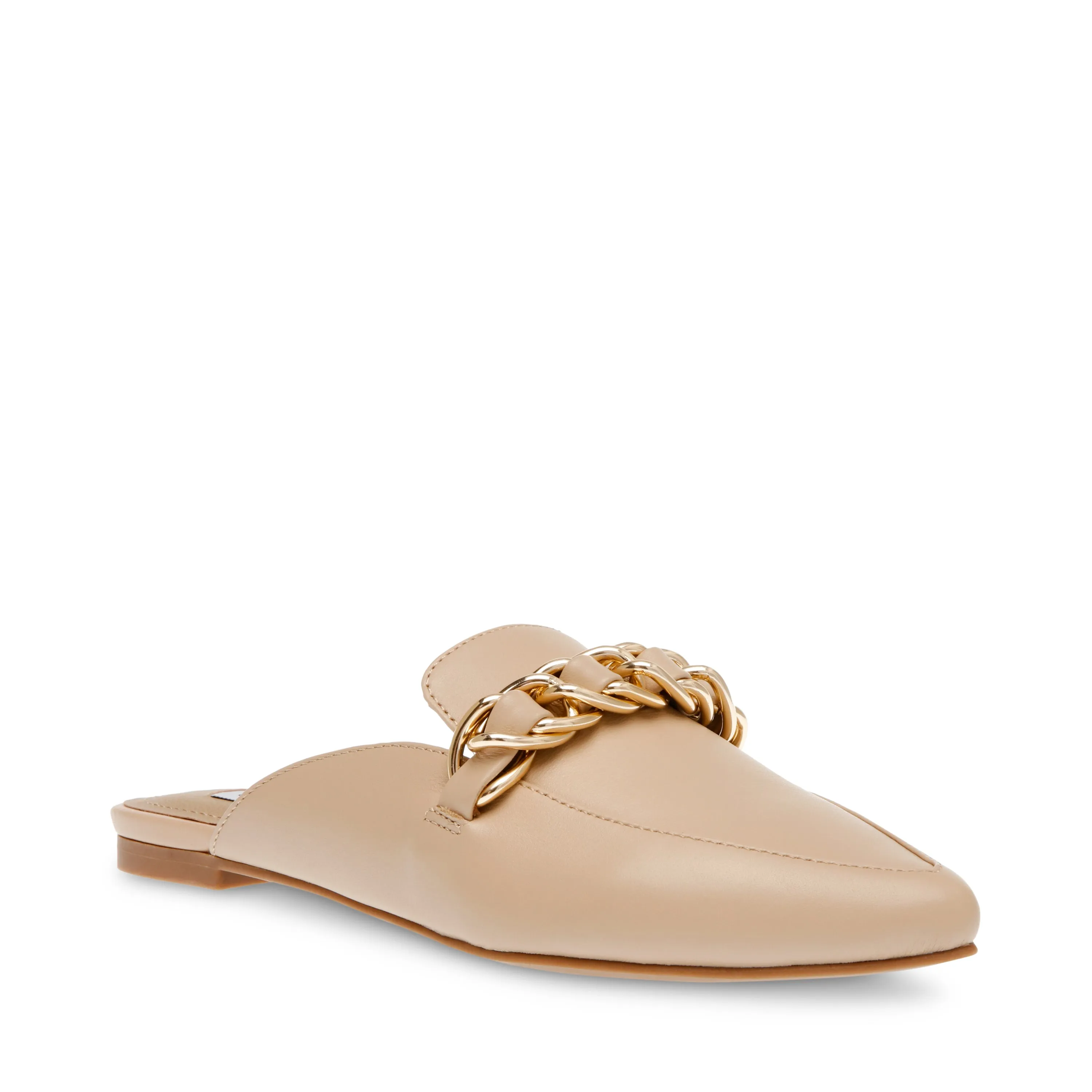 Steve Madden Faine Natural Leather Pointed Toe Slip On Chain Detail Flats Mules