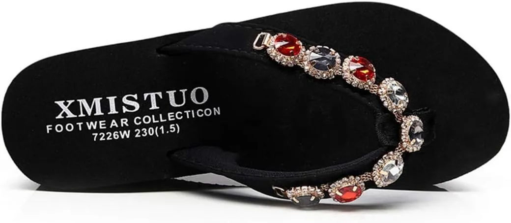 VOKLIN Women's Wedge High Heel Flipflops Sparkly Rhinestone Summer Platform Anti-Slip Beach Thong Sandals