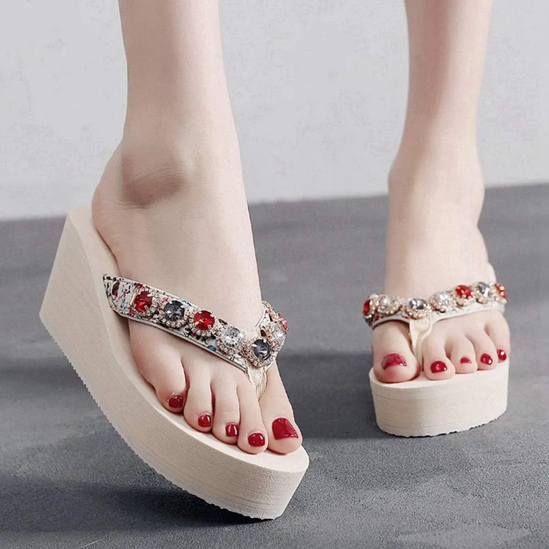 VOKLIN Women's Wedge High Heel Flipflops Sparkly Rhinestone Summer Platform Anti-Slip Beach Thong Sandals