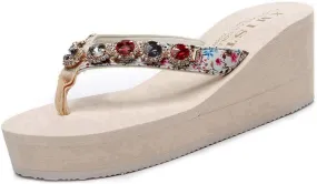 VOKLIN Women's Wedge High Heel Flipflops Sparkly Rhinestone Summer Platform Anti-Slip Beach Thong Sandals