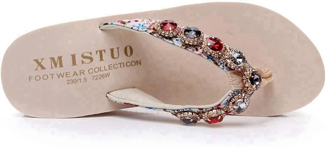 VOKLIN Women's Wedge High Heel Flipflops Sparkly Rhinestone Summer Platform Anti-Slip Beach Thong Sandals