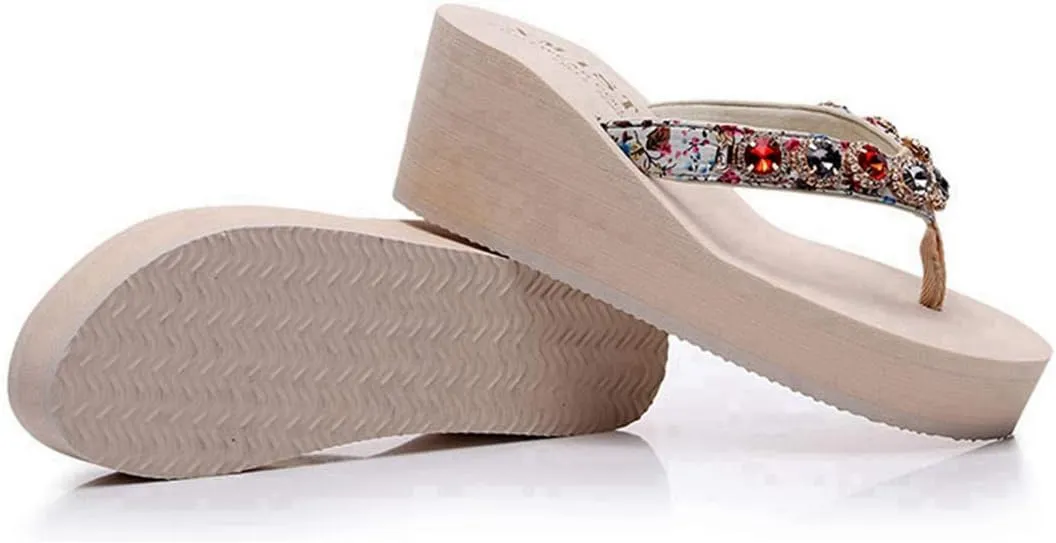 VOKLIN Women's Wedge High Heel Flipflops Sparkly Rhinestone Summer Platform Anti-Slip Beach Thong Sandals
