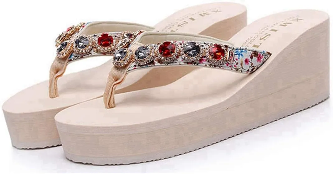 VOKLIN Women's Wedge High Heel Flipflops Sparkly Rhinestone Summer Platform Anti-Slip Beach Thong Sandals
