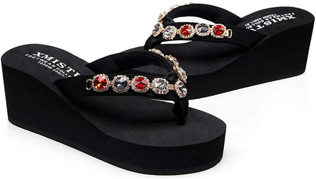 VOKLIN Women's Wedge High Heel Flipflops Sparkly Rhinestone Summer Platform Anti-Slip Beach Thong Sandals
