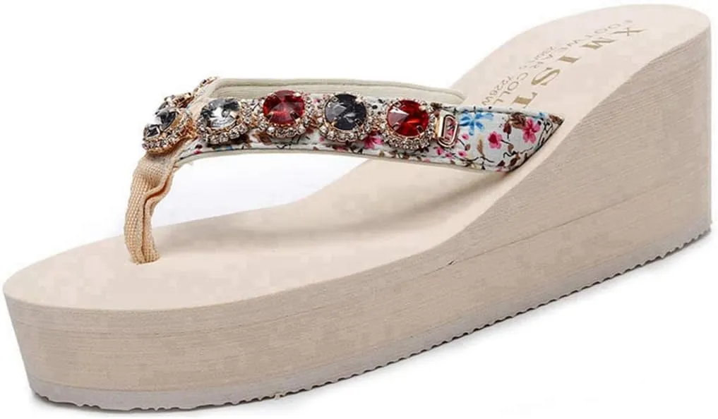 VOKLIN Women's Wedge High Heel Flipflops Sparkly Rhinestone Summer Platform Anti-Slip Beach Thong Sandals