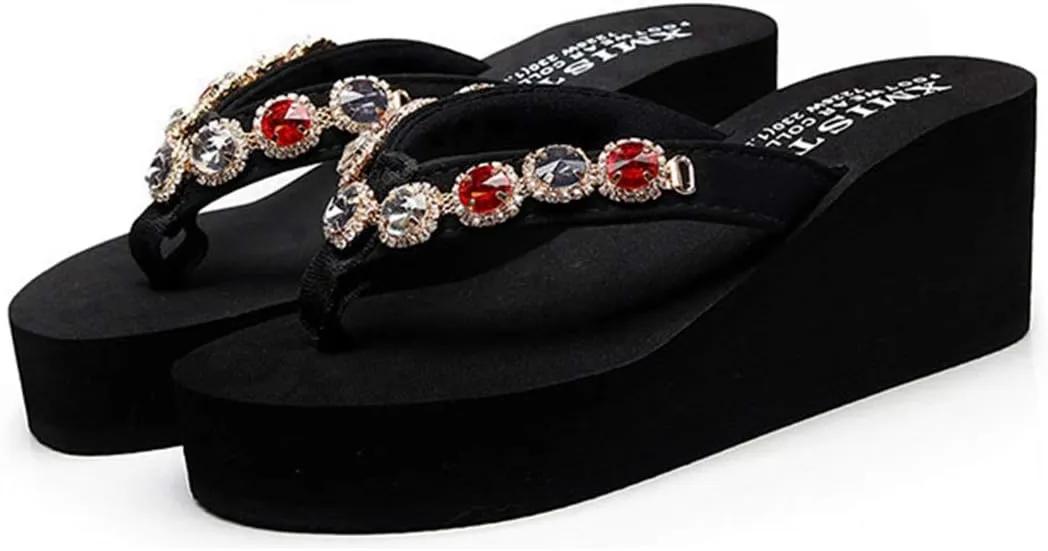 VOKLIN Women's Wedge High Heel Flipflops Sparkly Rhinestone Summer Platform Anti-Slip Beach Thong Sandals