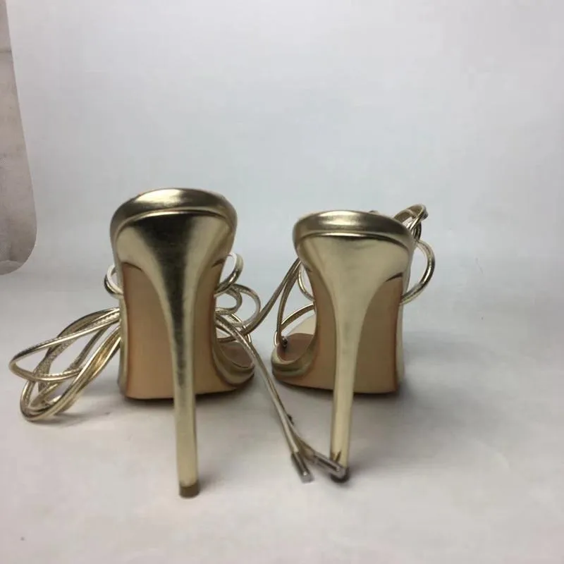 Women pointed open toe slingback lace up strappy gold high heels