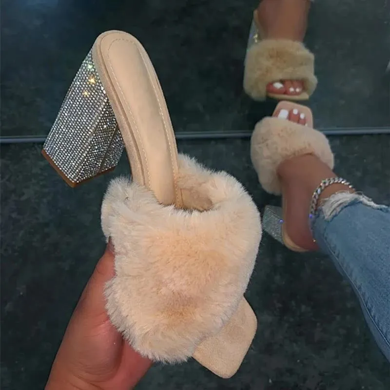 Women rhinestone chunky slipper square peep toe fur heels