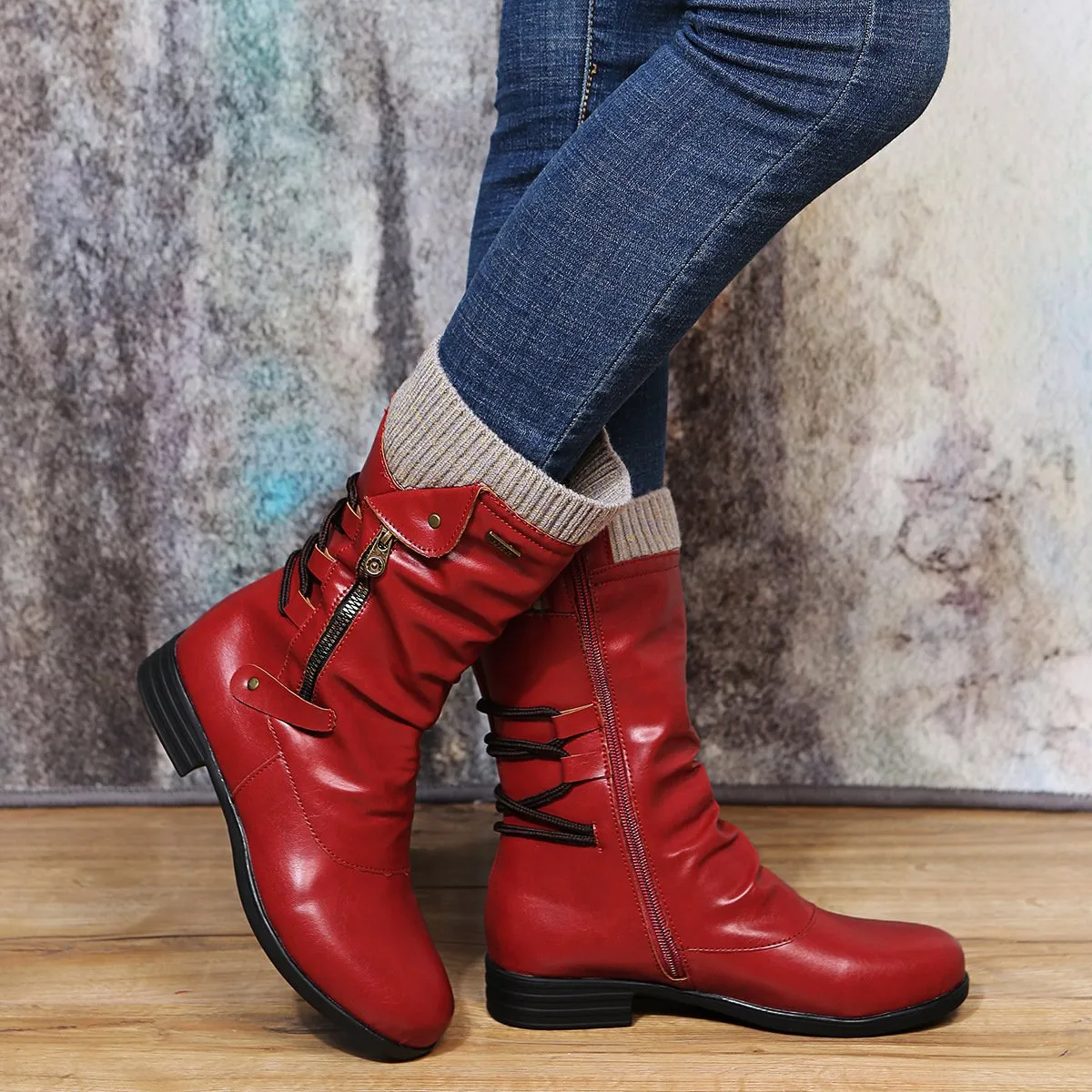 Women sweater cuff mid calf slouch boots low heel biker boots