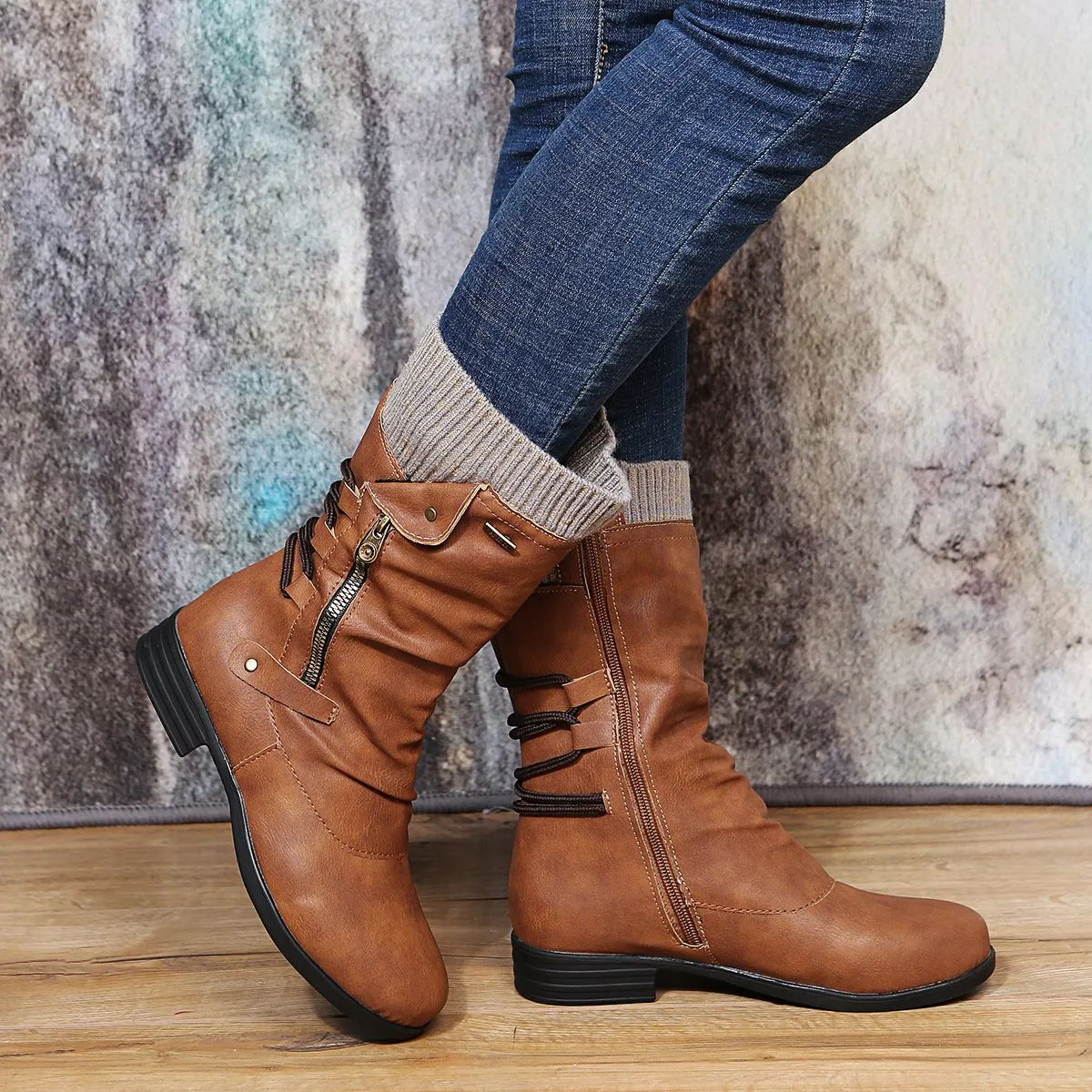 Women sweater cuff mid calf slouch boots low heel biker boots