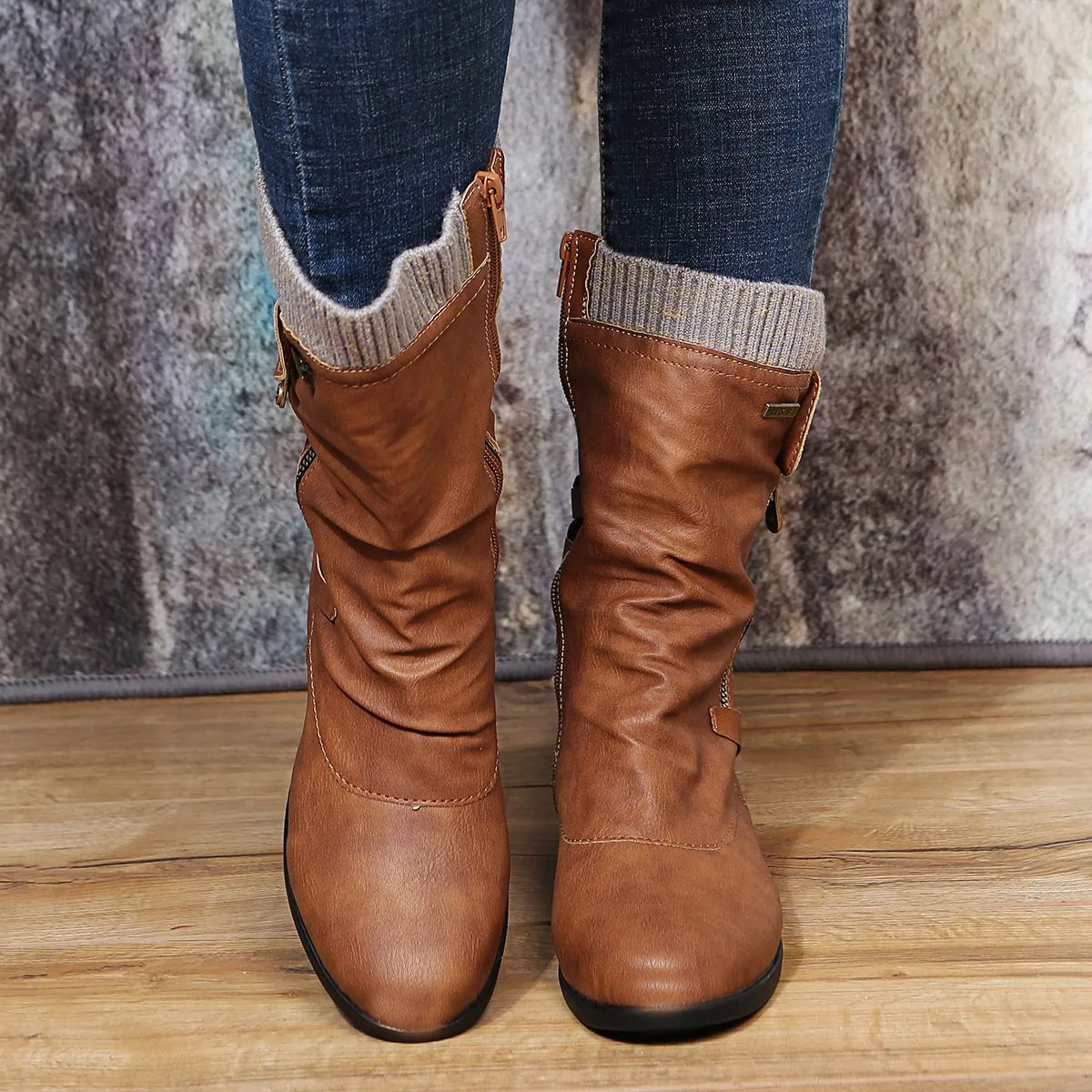Women sweater cuff mid calf slouch boots low heel biker boots