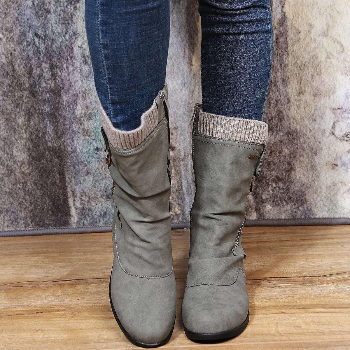 Women sweater cuff mid calf slouch boots low heel biker boots