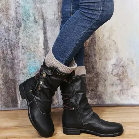 Women sweater cuff mid calf slouch boots low heel biker boots