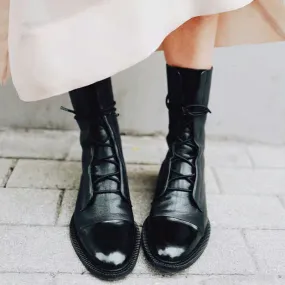 Women's black mid calf combat boots lace-up biker boots