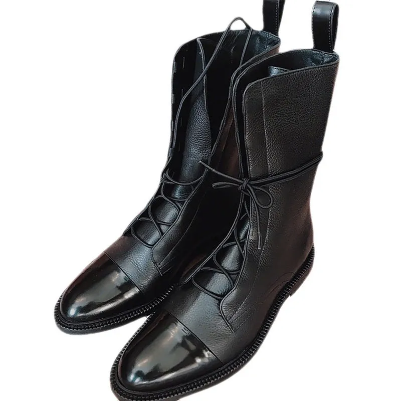 Women's black mid calf combat boots lace-up biker boots