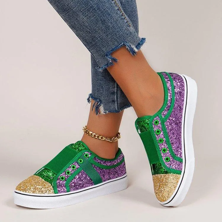 Women's colorful patchwork rhinestone glitter slip on canvas shoes