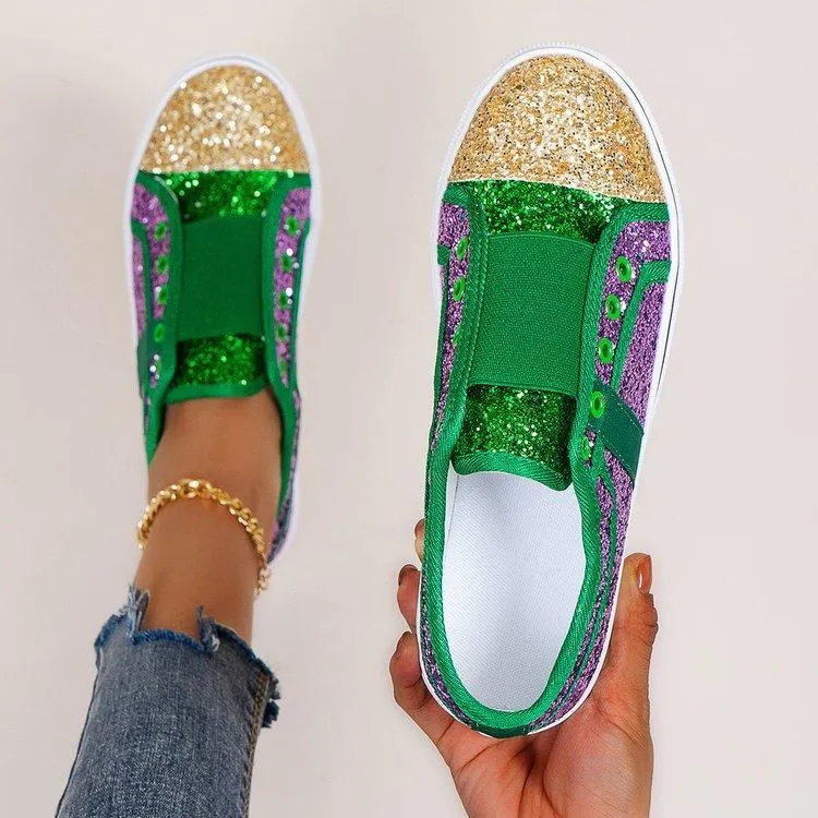 Women's colorful patchwork rhinestone glitter slip on canvas shoes
