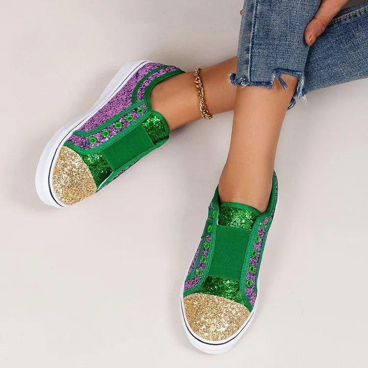 Women's colorful patchwork rhinestone glitter slip on canvas shoes
